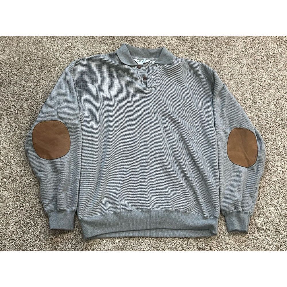 Orvis Long Sleeve Leather Elbow Pad Collared Knit Pullover Men Gray M